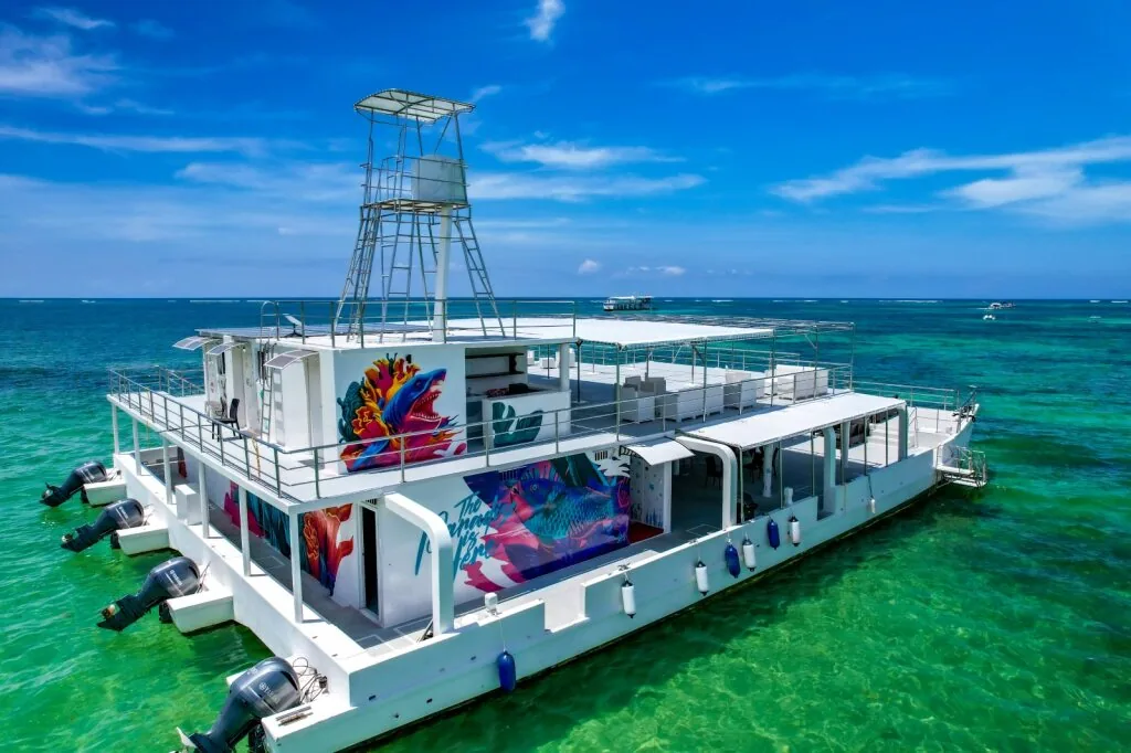 Guests dancing aboard the Karaya catamaran at sunset